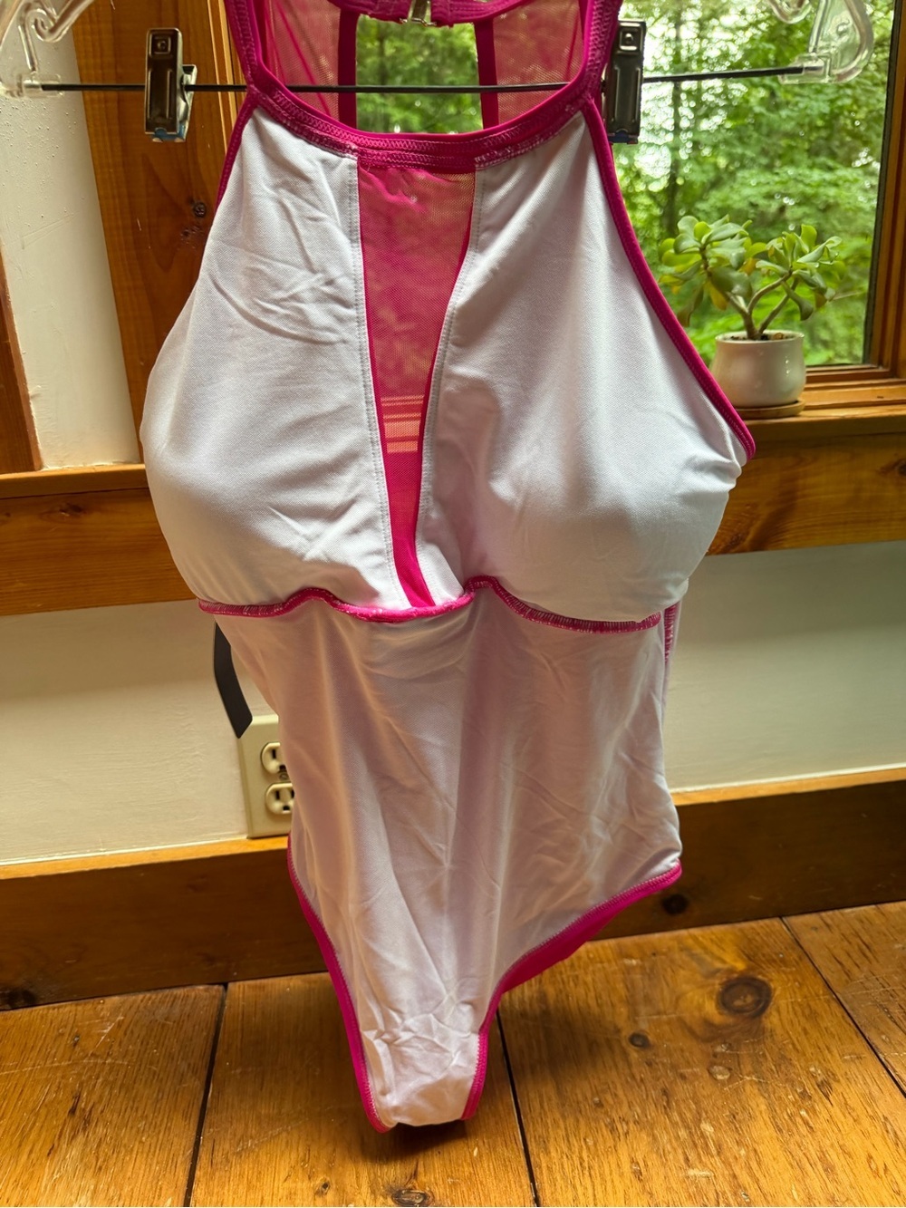 Tempt me hot pink one piece bathing suit high mesh v neck size XL - Picture 7 of 11
